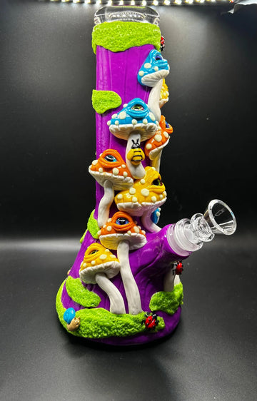 Eyes and Mushroom Water Pipe" is: Eyes and Mushroom Themed Glass Water Pipe with Glow in the Dark Accents