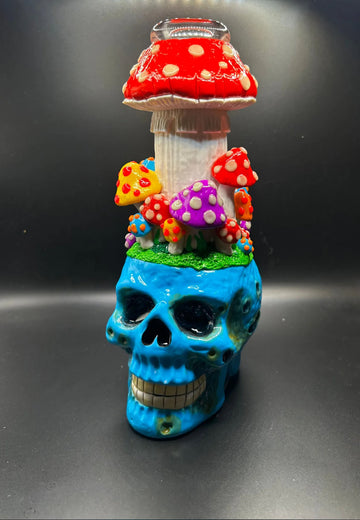 Blue Skull and Mushroom Themed Glass Water Pipe with Glow in the Dark Accents