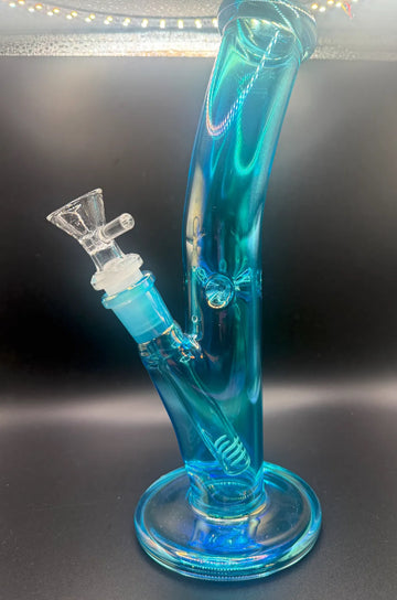 Iridescent Blue Curved Glass Water Pipe