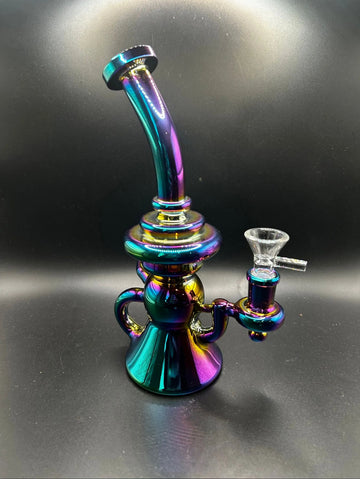 Premium Iridescent Rainbow Curved Glass Recycler Water Pipe